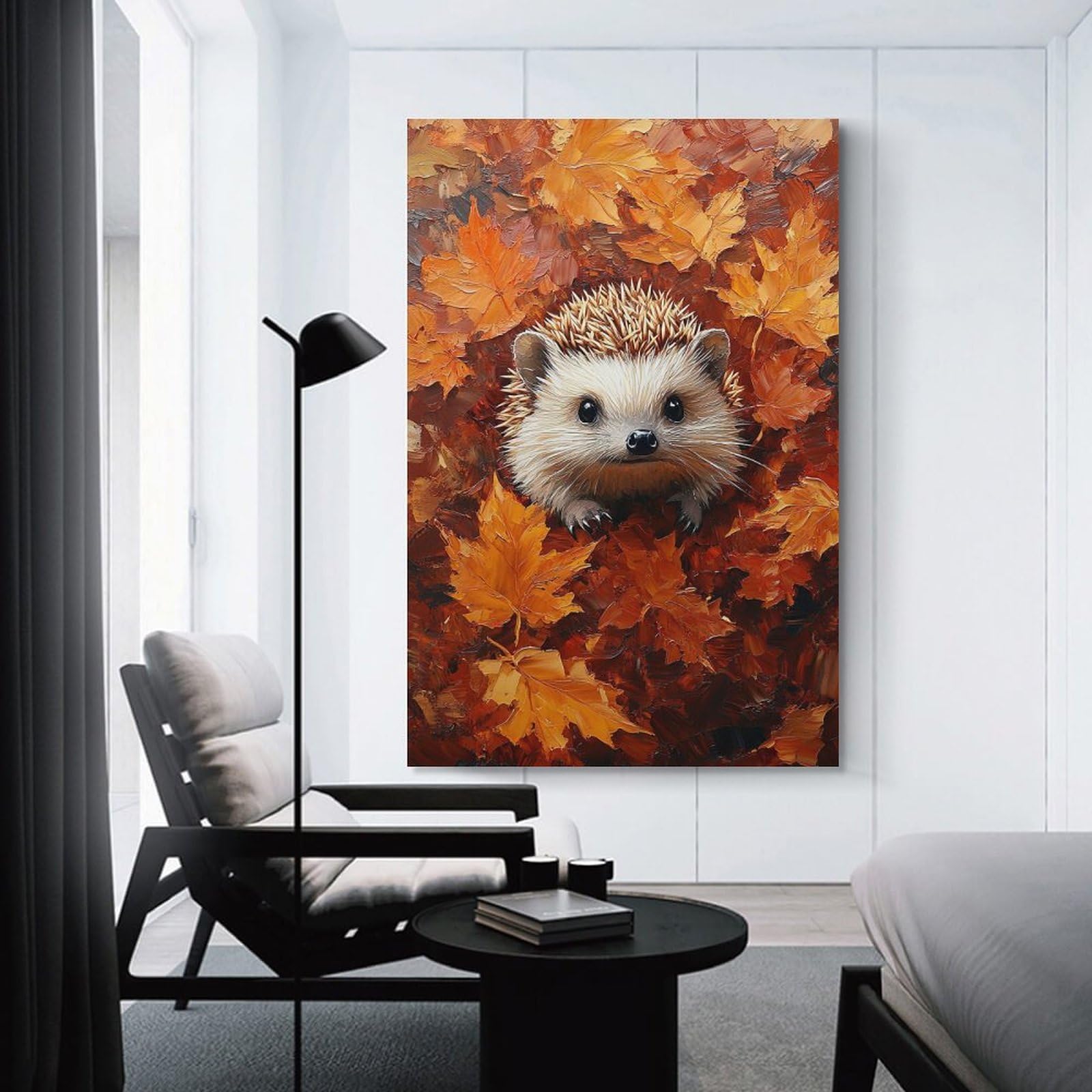 Junmoney Hedgehog in Autumn Leaves Canvas Art Print 08x12inch(20x30cm), for Feature Walls in Flats Or Modern Rooms, Ideal for Building A Coordinated Art Wall