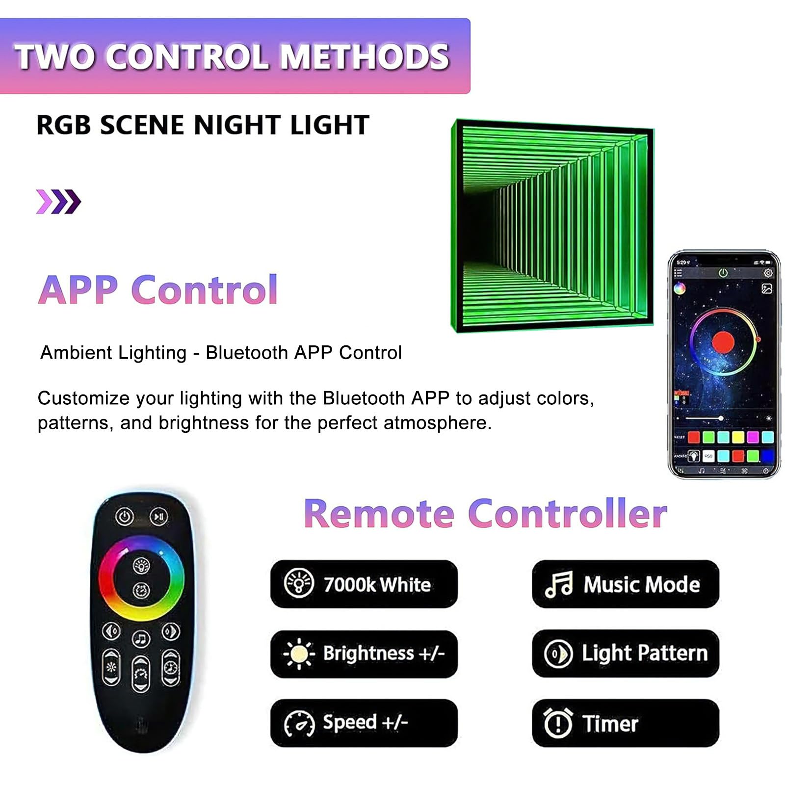 Intelligente RGB-Infinity-Spiegel-Wandleuchte, 3D-LED-Nachtlicht mit App- Und Fernbedienungssteuerung, 358 Farbmodi, Für Gaming-Zimmer, Schlafzimmer Und Bar-Dekoration Square-50cm