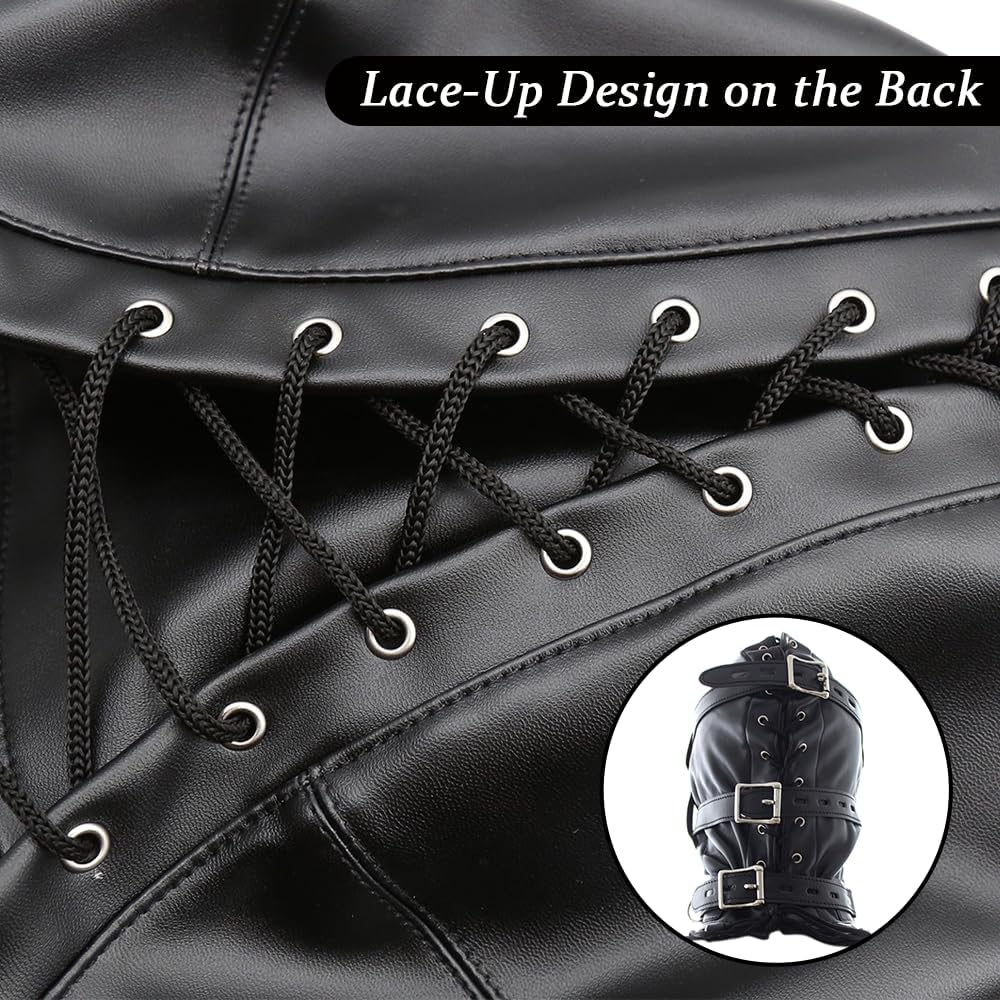 Full Head Cover Face Mask Faux Leather Head Hood with Dildo Mouth Gag, Erotic Fetish BDSM SM Blindfold for Adults Couples Sex Restraints Bondage Flirt Slave Role Play, Sex Toy Headgear