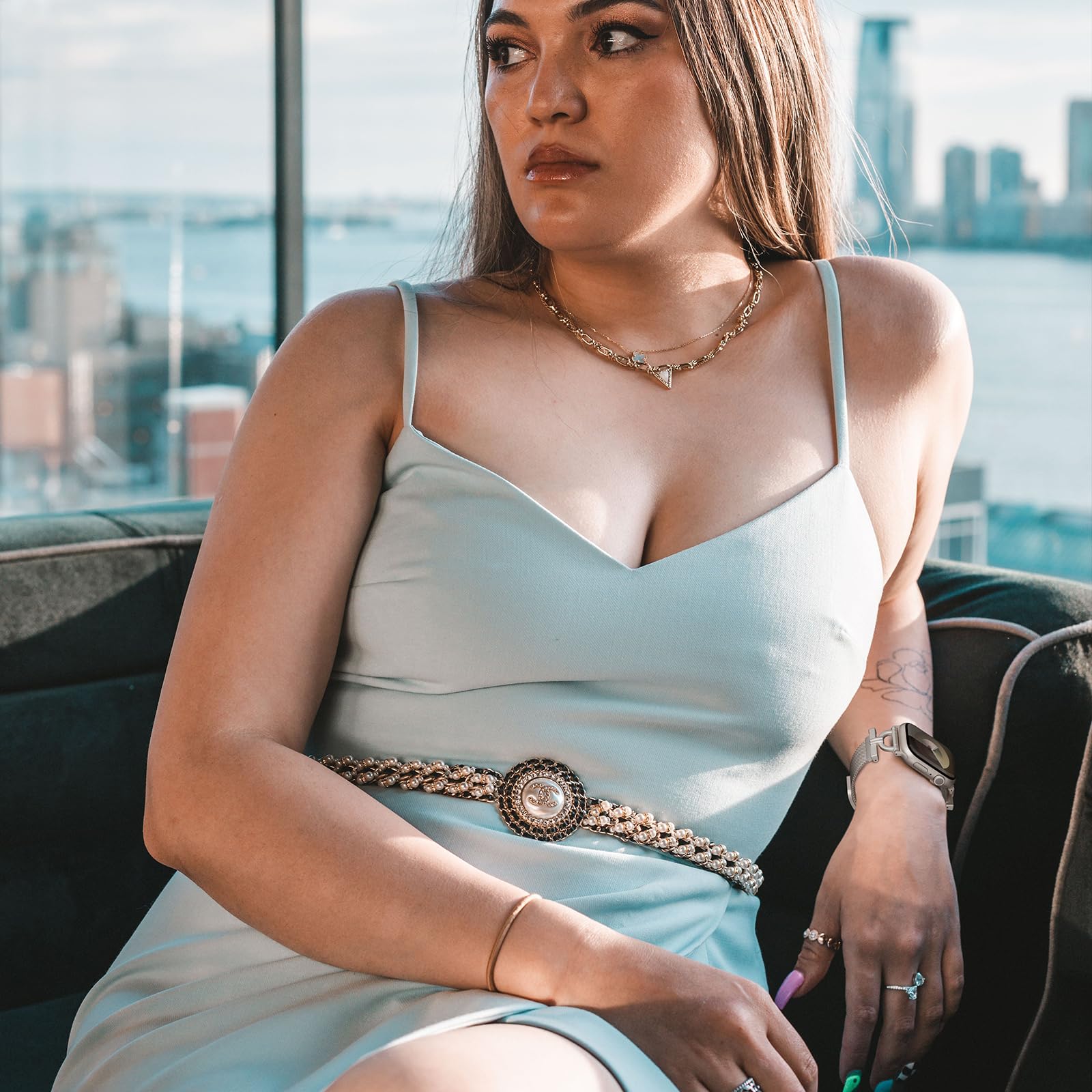 OMECKY Designed Mesh Loop Compatible With Apple Watch Band Series 9/8/7/6/5/4/3 38/40/41mm, Slim Classy Jewlry Style Magnetic Strap for iWatch SE, Women Girls, Starlight