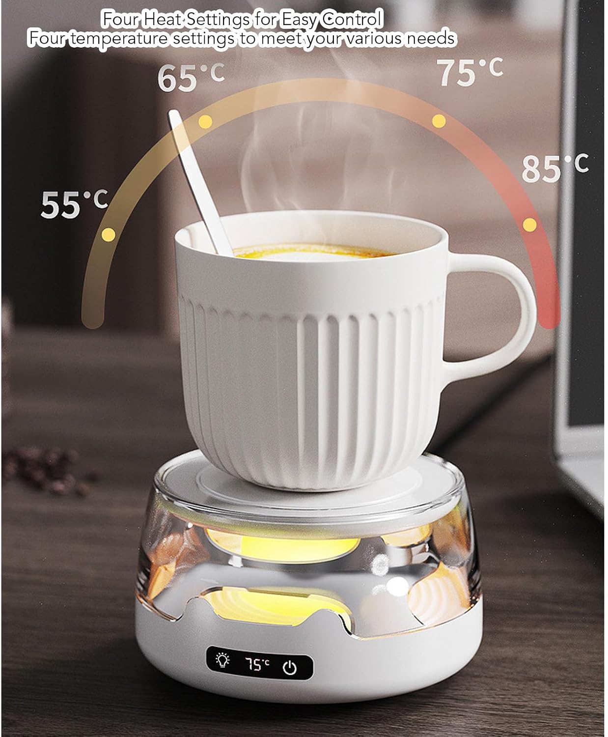 Luocute Mug Warmer, 55, 65, 75, 85 4 Heat Settings USB Beverage Warmer Electric Heating Plate with Night Light, for Home Office Dormitory Coffee Tea Ceramic Glass Cups