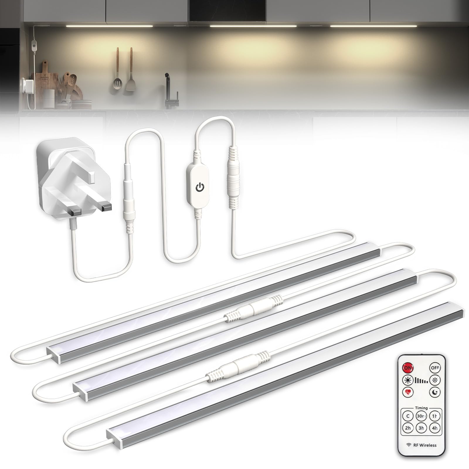 Bonlux Neutral White+Remote Under Cabinet Kitchen Lights With Remote, Dimmable Led Under Cabinet Strip Light Neutral White 4000K, Linkable Under Counter Lights For Plug In Under Kitchen Cupboard Cabinet Lighting(3X12in)