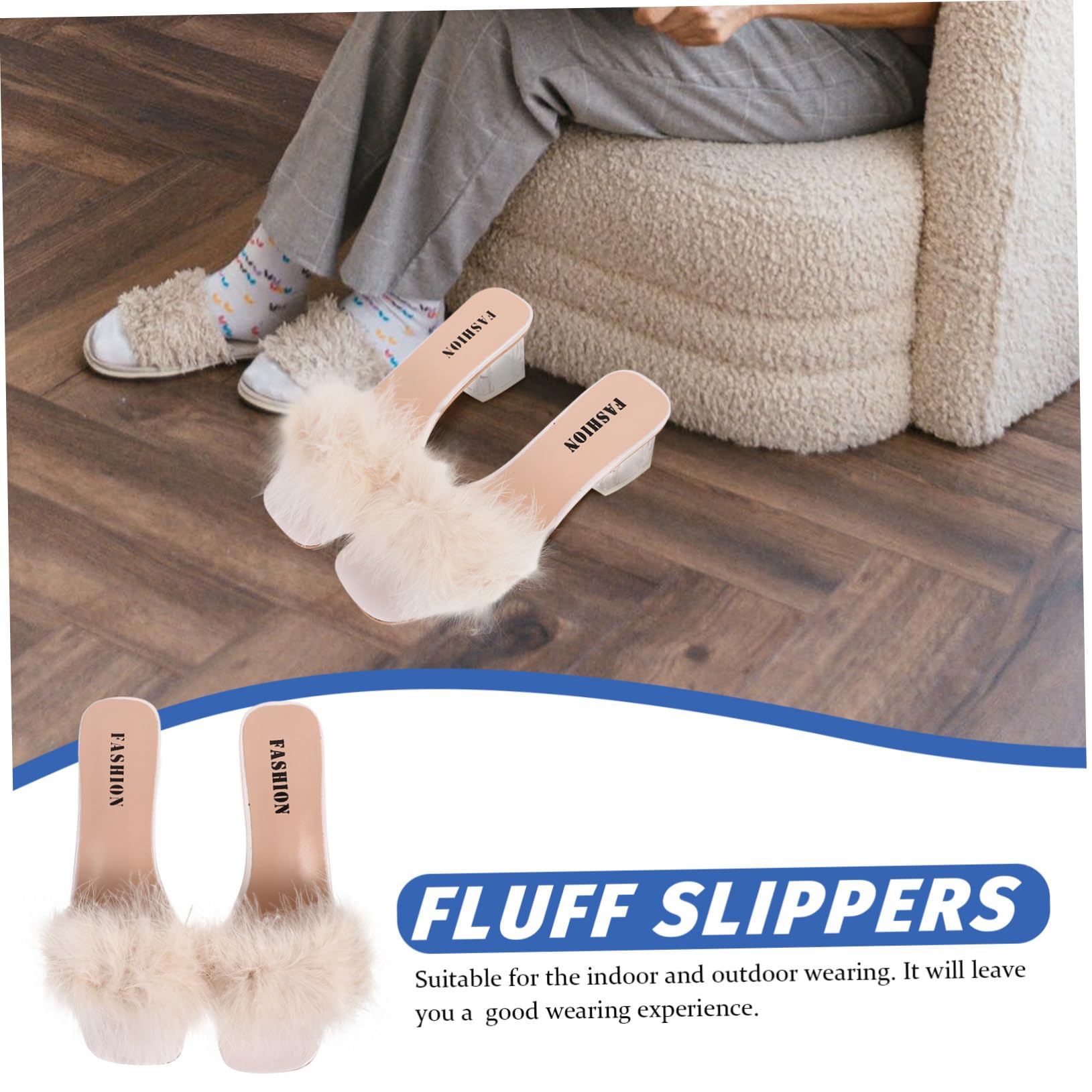 Mikikit Pantuflas de Tacón Peludo para Mujer, Talla 38, 1 Par