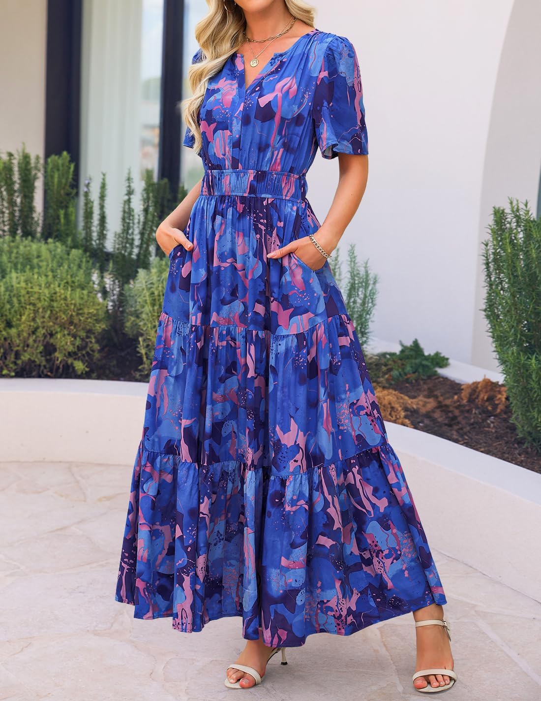 ZESICA Women's 2026 Summer Spring Floral Boho Maxi Dresses Casual Short Sleeve V Neck A Line Flowy Beach Vacation Dress - Image 7