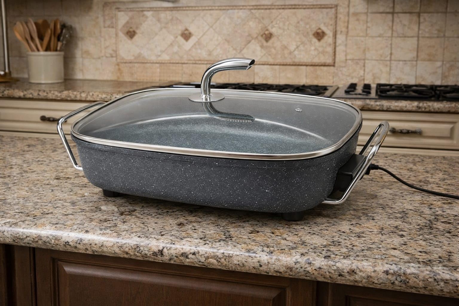 Poêle marmite électrique avec couvercle 6L PIZZAPAN Hot Pot thermostatique, couvercle en verre & volume XXL avec revêtement antiadhésif - parfait pour paella, braisage & wok 1500W Effet Granite
