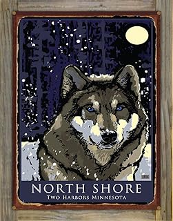 North Shore Two Harbors Minnesota Timber Wolf Rustic Metal Print on Reclaimed Barn Wood from Illustration by Artist Joanne Kollman 17" x 23"