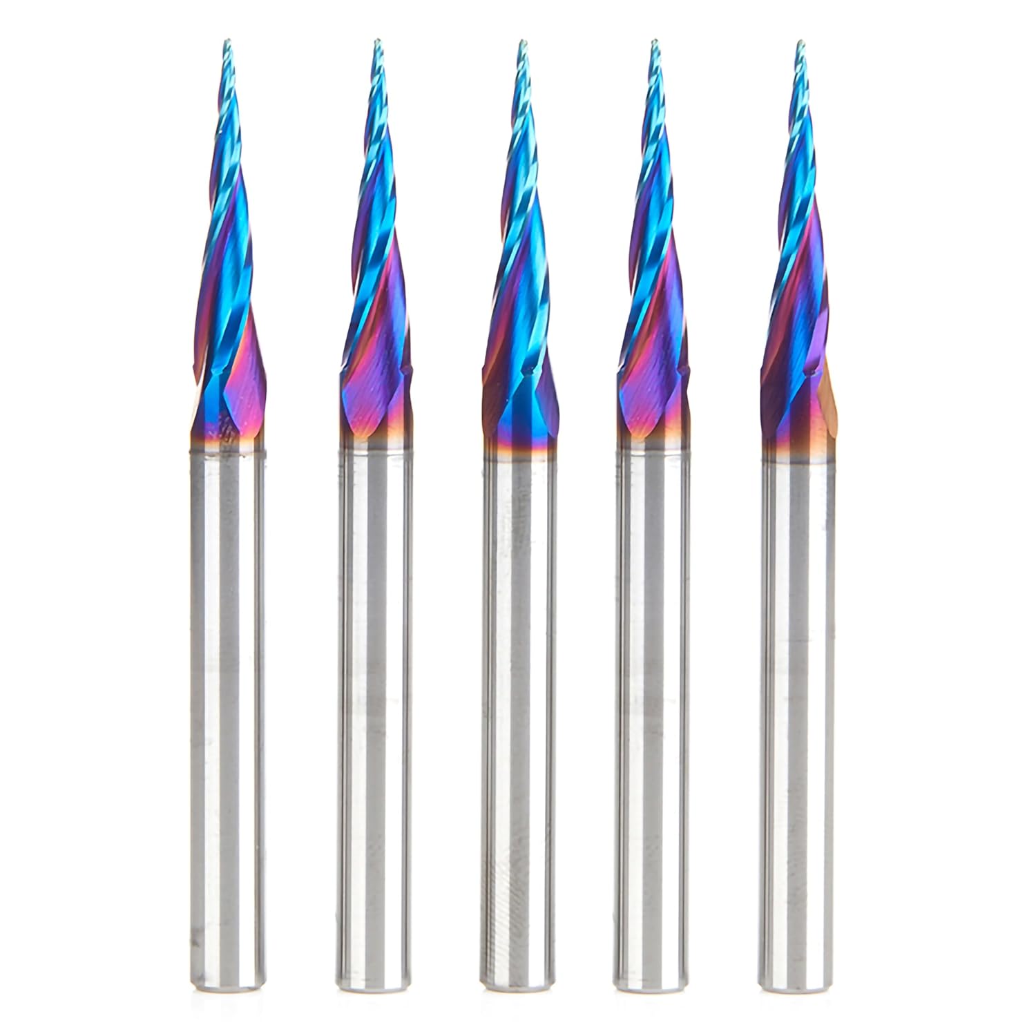 Amana Tool Carbide Up Cut Spiral CNC Router Bits for 2D/3D Carving, 46280-K-5 5-Pc, 6.2 Deg Tapered Angle Ball Tip x 1/32 D x 1/64 R x 1 x 1/4 Shk 3 F