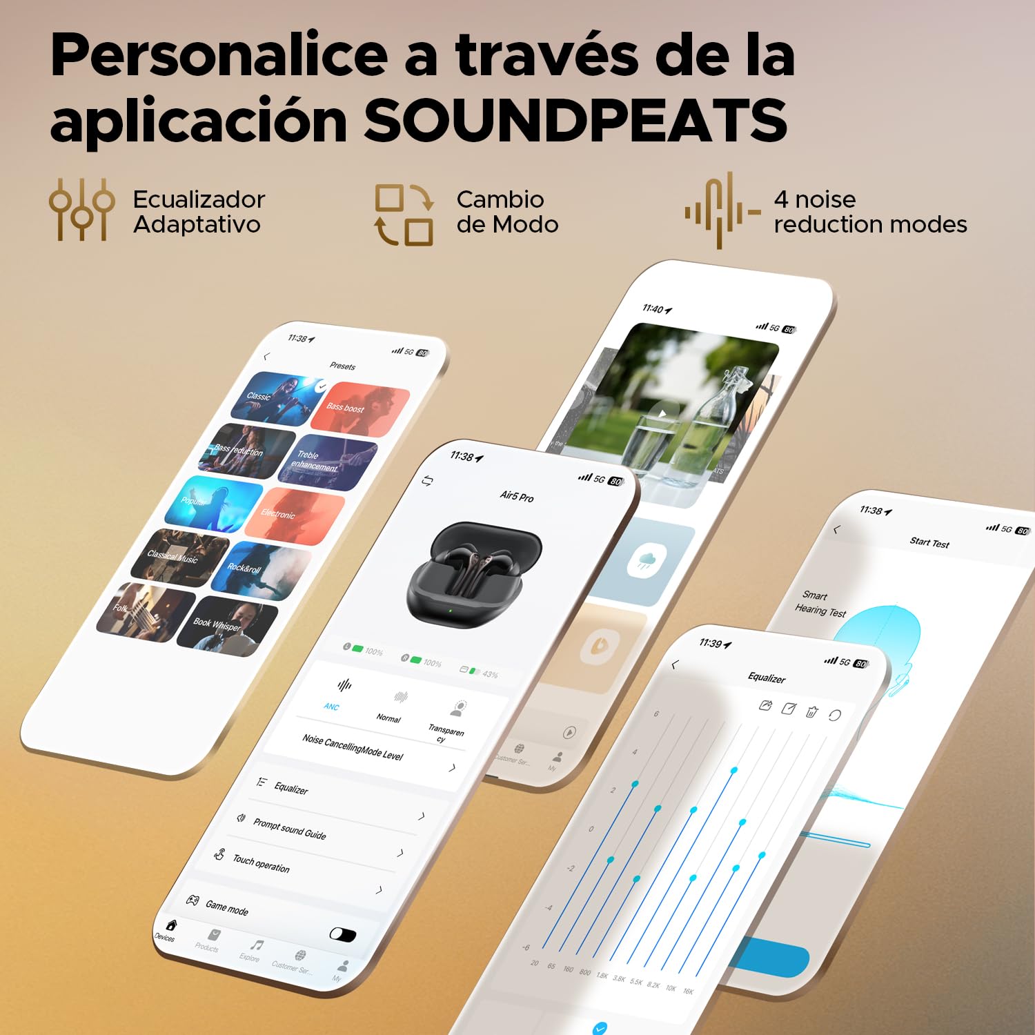 SoundPEATS Auriculares Bluetooth Air5 Pro con LDAC y aptX Lossless, Hi-Res Audio, Bluetooth 5.4, ANC Híbrido de 55 dB, 6 Mics, Multipunto, 37 Horas de Reproducción, IPX5, Control Mediante Aplicación