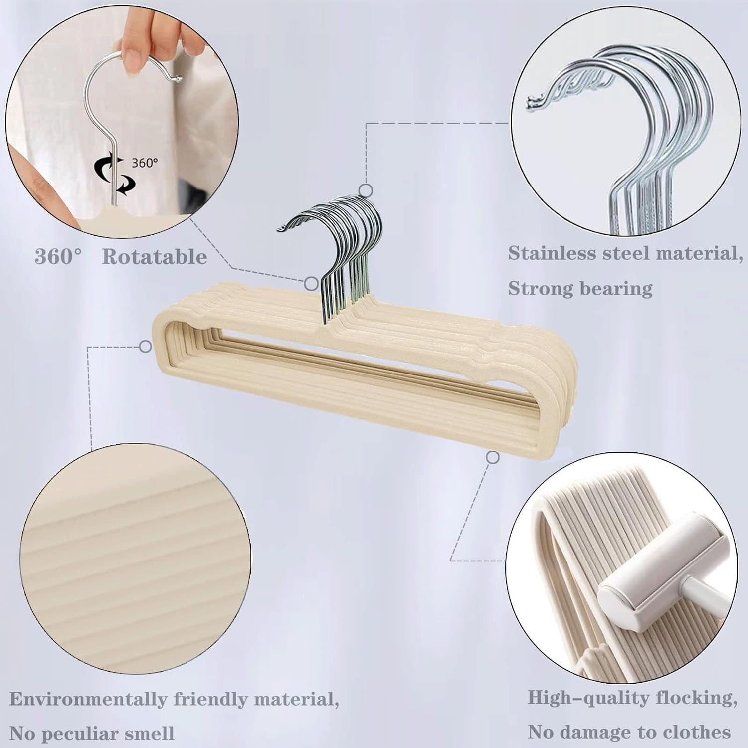 YANHLK Velvet Pants Hanger, Space Saving Thin Hanger, Sturdy, Durable and Non Slip, Suitable for Wardrobes, Shirts, Bras, Shorts, 360 ° Rotating Hook(Off White,10PCS)
