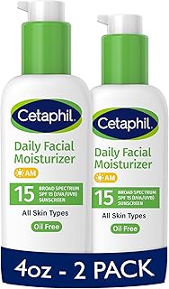 Cetaphil Daily Facial Moisturizer SPF 15, 4 Fl Oz, Gentle Facial Moisturizer for Dry to Normal Skin Types, No Added Fragrance, Pack of 2, (Packaging May Vary)