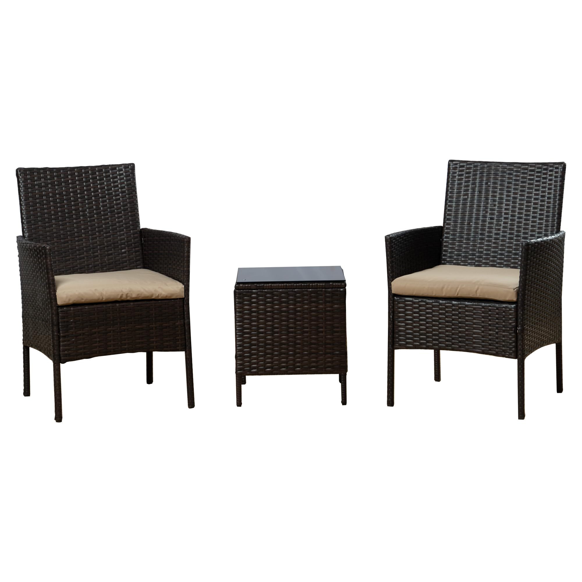 Kozyard 3 PCS Rattan Dining Table Set with Cushioned Chairs and Glass Coffee Table, Patio Conversation Set for Backyard Porch Garden and Poolside (Beige)