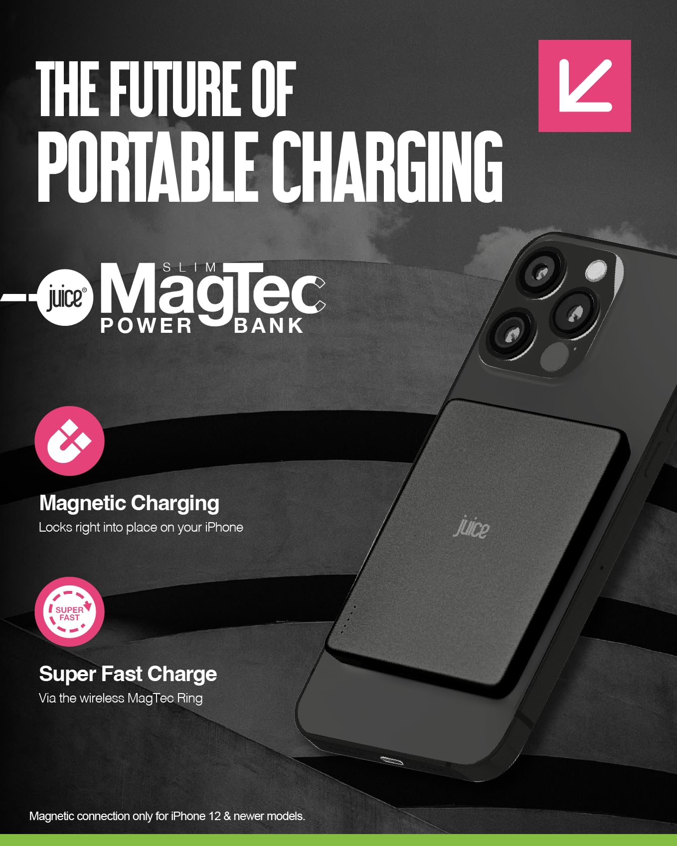 Juice Power Bank Slim 5.000 mAh Magnetico Wireless - Ricarica Wireless 15 W, Ricarica Rapida USB‑C, Batteria Portatile per iPhone & Dispositivi Qi - Nero