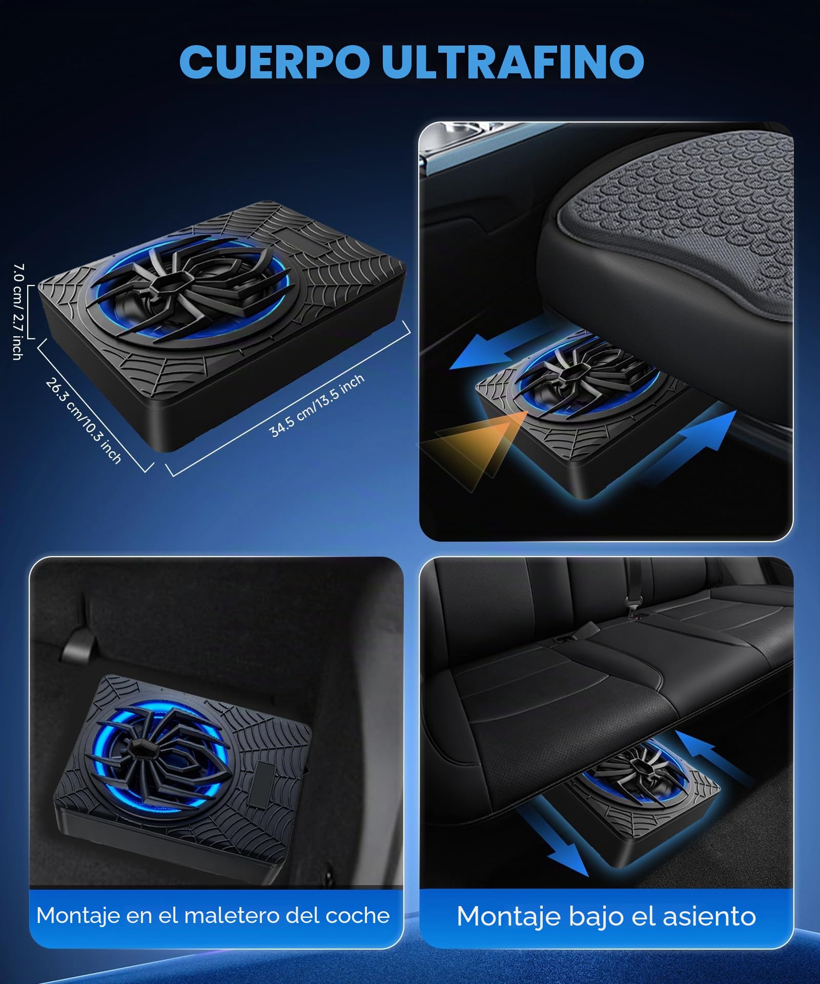 Hodozzy 1200W Subwoofer Activo para Coche 10 Pulgadas,Conjunto de Subwoofer y Amplificador Ultraplano de Alta Potencia para Debajo del Asiento con Luz RGB Sincronizada con el Ritmo,Patrón de araña