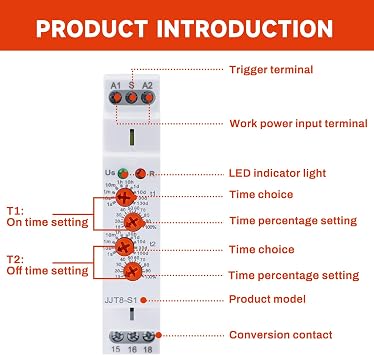 AC 220V Asymmetric Cycle Timer Relay, JJT8-S1 Multifunctional Time Relay Repeating On/Off Cyclic Delay Relay DIN Rail Mount, Adjustable from 0.1s to 100 Days