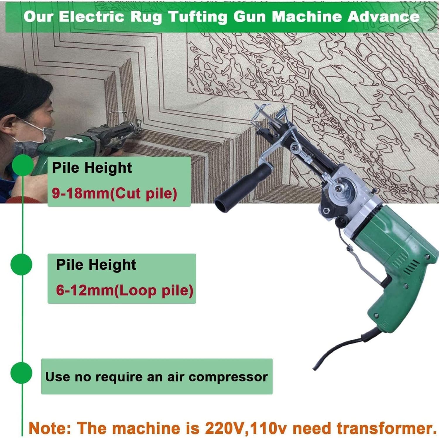 GeRRiT 2 in 1 Rug Tufting Gun, Cut Pile and Loop Pile Carpet Tufting Machine, Electric Rug Flocking and Weaving Tool, Adjustable Carpet Maker Kit, DIY Rug Making Supplies and Accessories, Green Upg