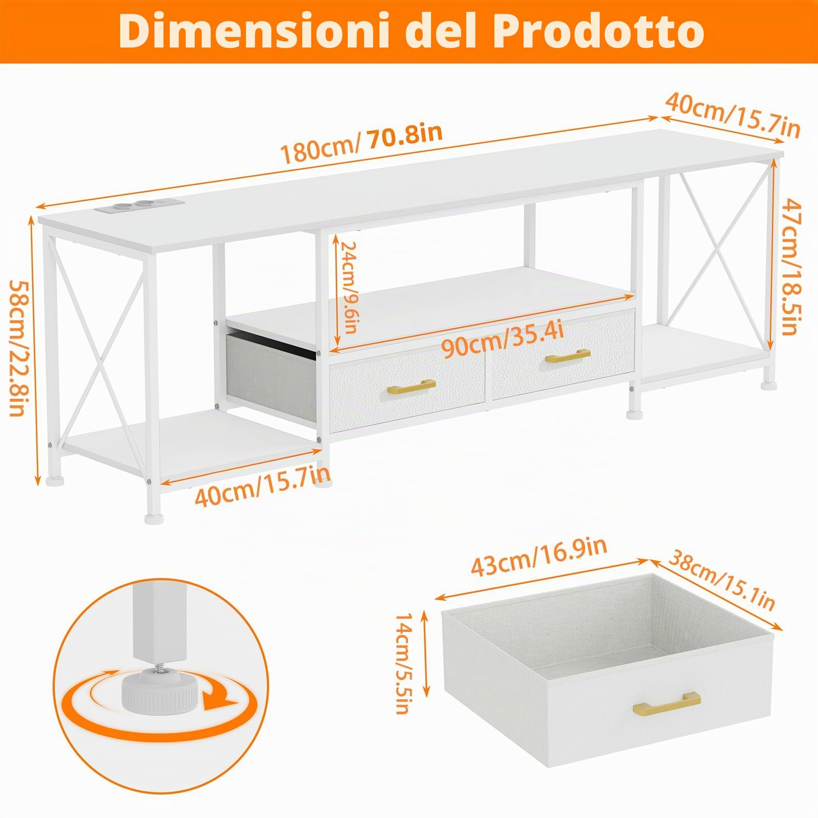 Mobile TV con Luci LED, 2 Porta USB e 2 Presa, Mobile per TV Soggiorno Moderno Mobili, con 3 ripiani e 2 cassetti,180x40x58 cm (Bianco-A)