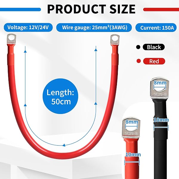 SWAWIS 2 Stück Batteriekabel M8 50cm, Batteriekabel 25mm2 Batterie Kabel 12V/24V Kupfer Ringklemmen Batteriekabel für Motorrad Solar Autobatterie Massekabel Auto Usw, Schwarz + Rot - 2