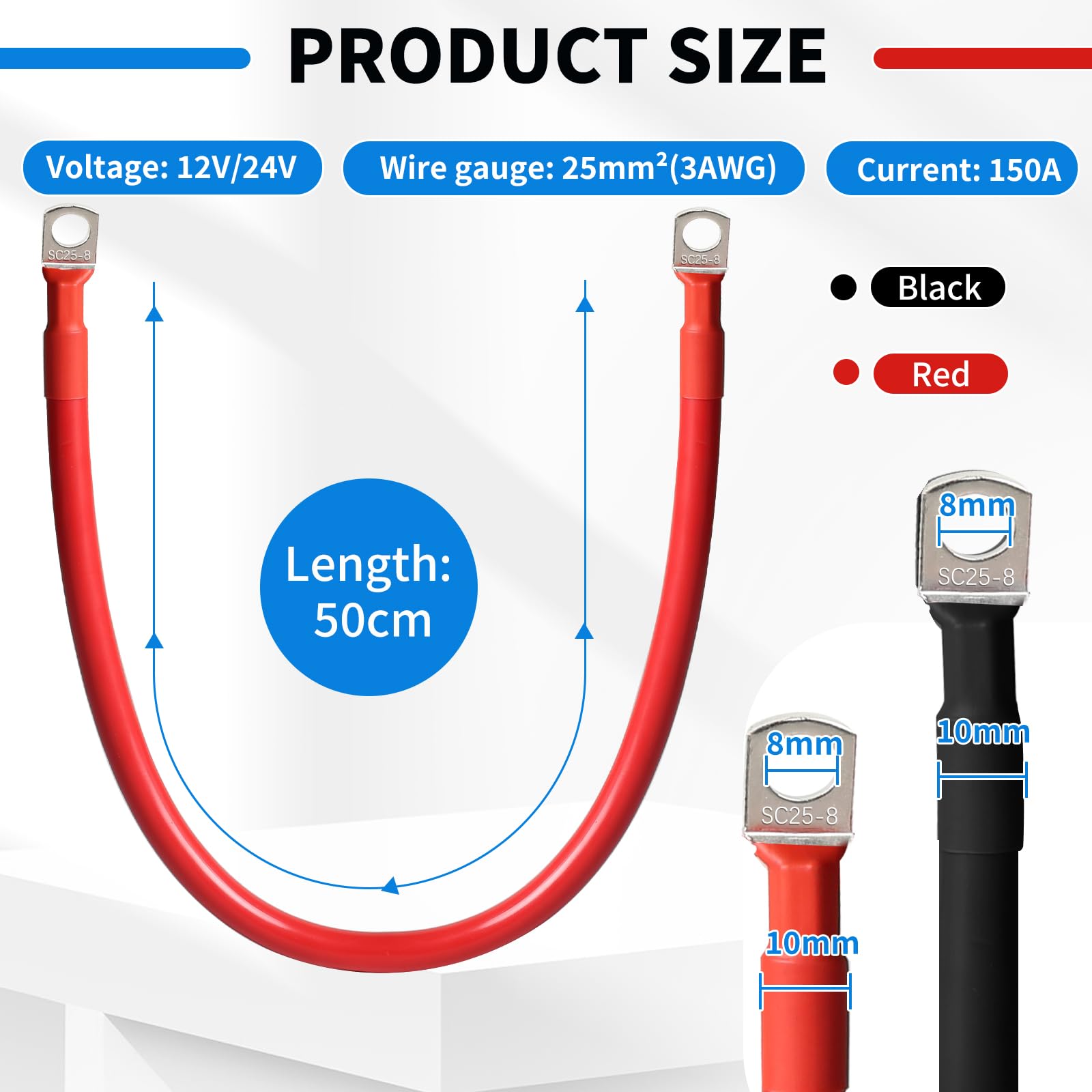 SWAWIS 2 Pezzi Cavi Batteria Auto M8 50cm, Cavo Batteria 25mm² 12V/24V Cavi Batteria con Terminali ad Anello per Solare Moto Auto Cavo di Terra della Batteria, Nero + Rosso