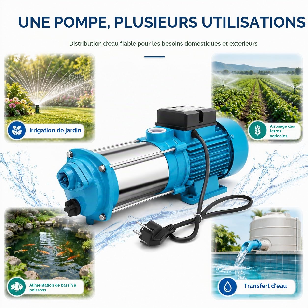 Pompe de Jardin 1300W 4000 L/H, Pompe à Eau Électrique Centrifuge, Pompe de Surface en Acier Inoxydable 9,8 Bar, Hauteur de Refoulement 98 m, Pompe d’Irrigation Eau Claire pour Jardin, Ferme, Étang et