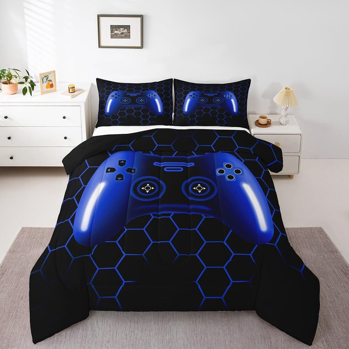 Erosebridal Gaming Bedding Sets for Boys Navy Blue Gamer Comforter Sets for Boys Teen Kids,Cool Video Game Black Honeycomb Bedding Comforter Sets,Geometric Checkered Blue Ombre Bed Set Queen Size