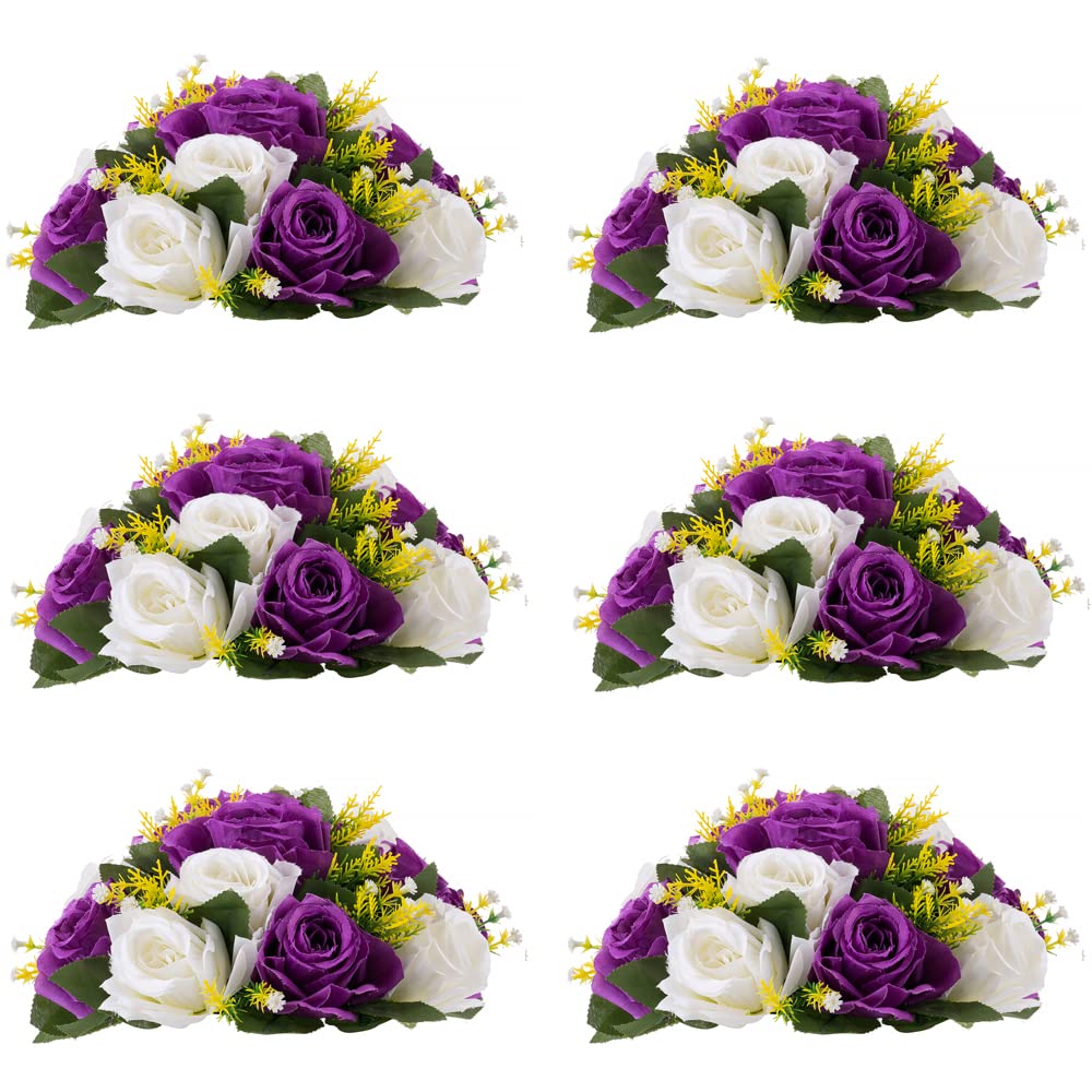 Inweder Wedding Flower Balls for Centerpcs - 6 Pcs Artificial Flower Ball Arrangement Bouquet, Fake Flowers Rose for Weddings, Birthday Party, Valentine's Day, Home Decor, Purple & White (0YHQ401I)