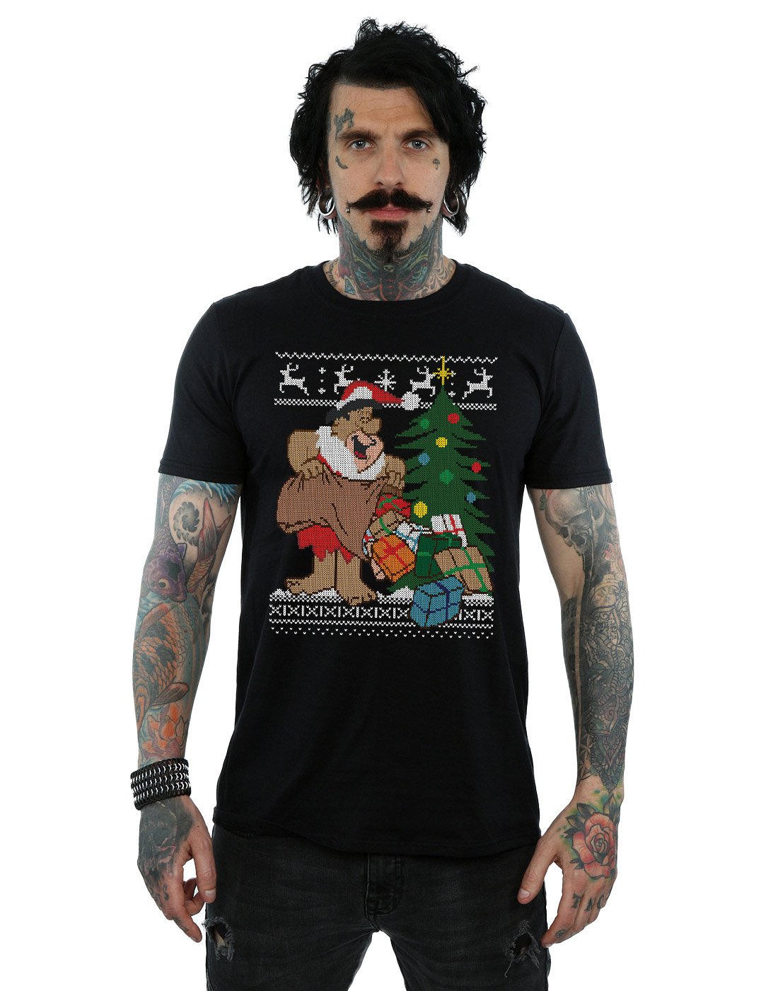 Absolute Cult Men's Black The Flintstones Christmas Fair Isle T-Shirt Medium