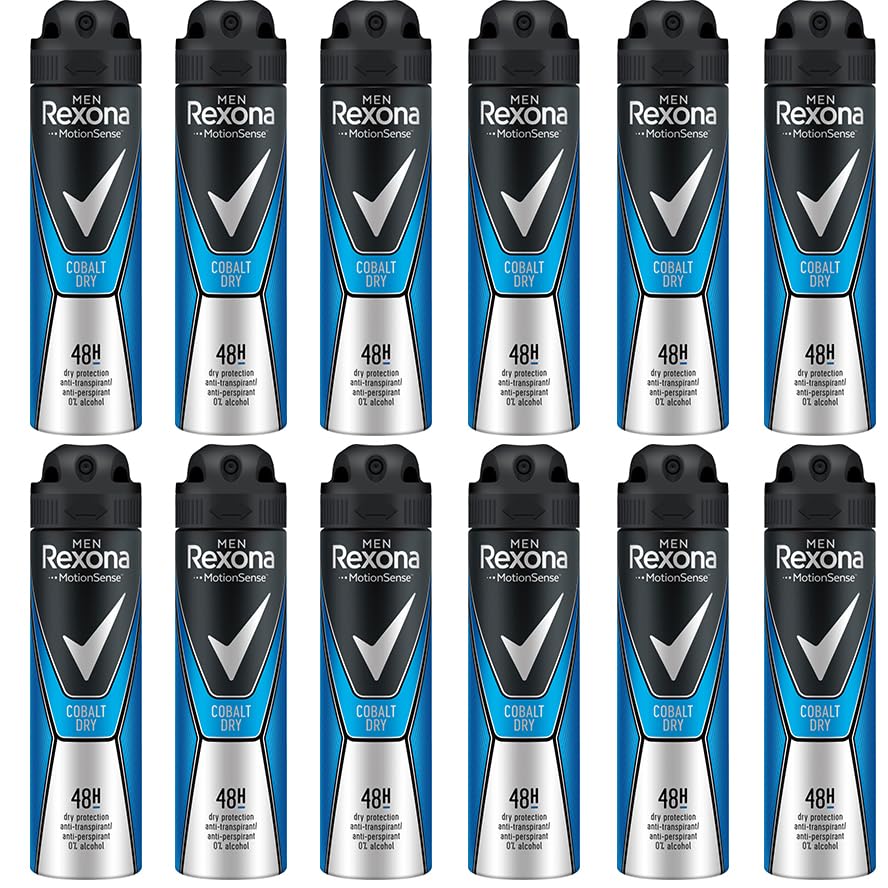 12x Rexona Men Anti Transpirant Spray Cobalt Dry Deospray mit 48 Stunden Schutz gegen Körpergeruch und Achselnässe mit Anti-Transpirant-Technologie 0% Alkohol 150 ml (12er Pack)