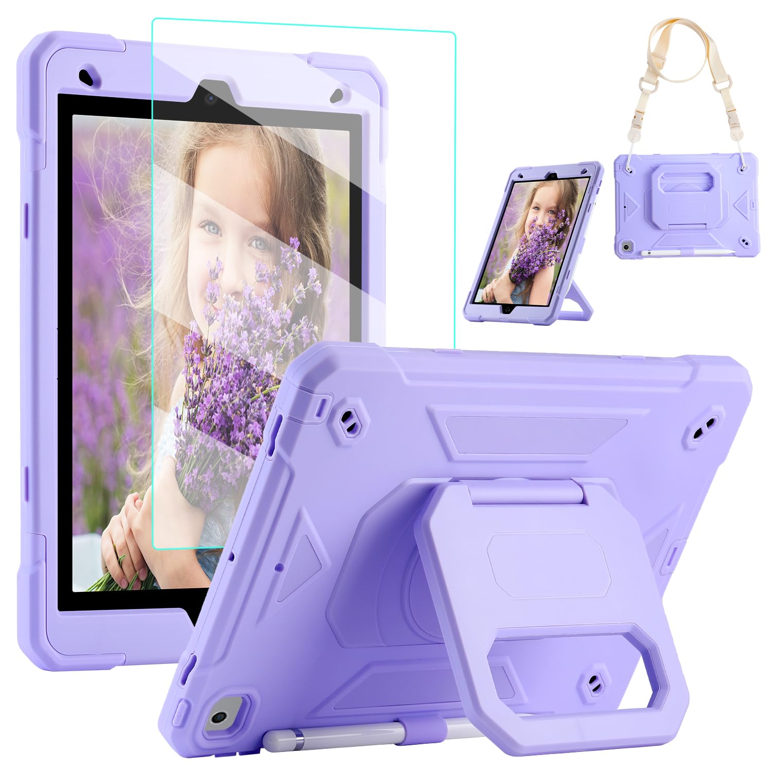for iPad 9th/8th/7th Generation Case, iPad 10.2 Case 2021/2020/2019, Rugged Heavy Duty Shockproof Protective Kids Case with Screen Protector/360° Rotating Folding Stand/Pencil Holder/Shoulder Strap