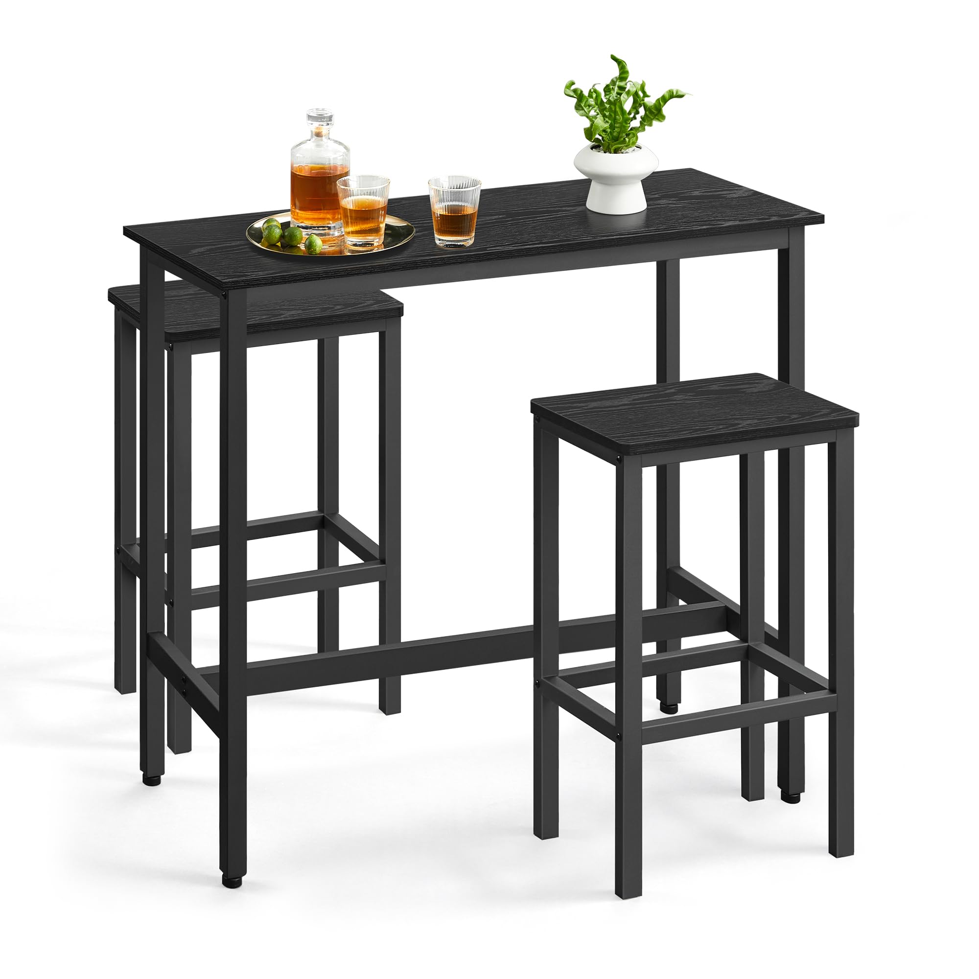 VASAGLE Dining Table Set, Bar Table and Stools, Breakfast Bar Table with 2 Rectangular Bar Stools, Industrial Steel Frame, Ebony Black and Ink Black LBT218B56