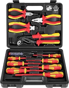 BILITOOLS 12-Piece 1000V VDE Insulated Screwdriver and Pliers Set | Magnetic Slotted and Phillips Tips, Insulated Long Nose, Combination, Diagonal and Water Pump Pliers, Voltage Tester