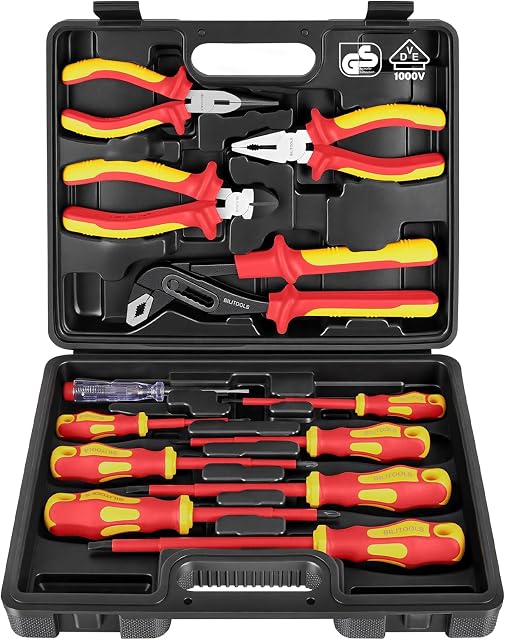 BILITOOLS 12-Piece 1000V VDE Tournevis et pinces isolantes ► Conseils magnétiques à fentes et à phillips, nez long isolé, combinaison, pinces Diagonal et pompe à eau, testeur de tension