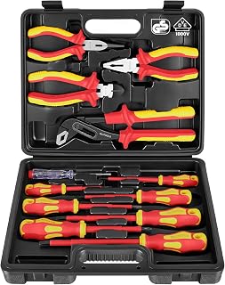 BILITOOLS 12-Piece 1000V VDE Insulated Screwdriver and Pliers Set | Magnetic Slotted and Phillips Tips, Insulated Long Nose, Combination, Diagonal and Water Pump Pliers, Voltage Tester