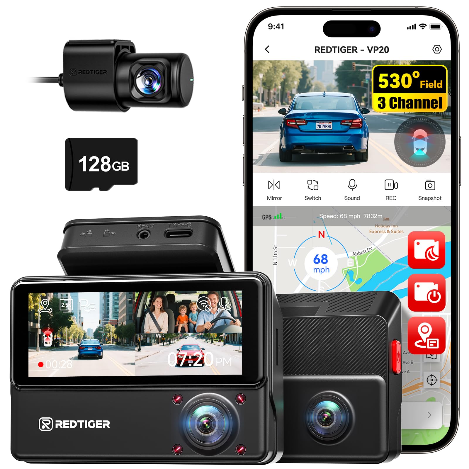 REDTIGER 530 Dash Cam 3 Channel 2 5K 2 5K 1080P Triple Car Camera with 128GB Card IR