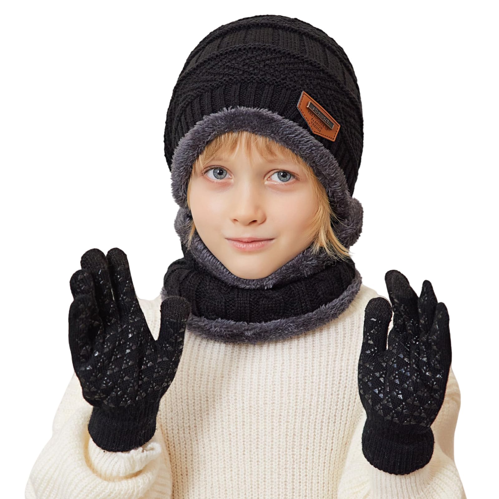 Packs Bonnet Écharpe et Gants Garçon Fille Enfant Bonnet Tricoté Doublé en Polaire Tour de Cou Gants d'hiver à Écran Tactile 5-10 Ans