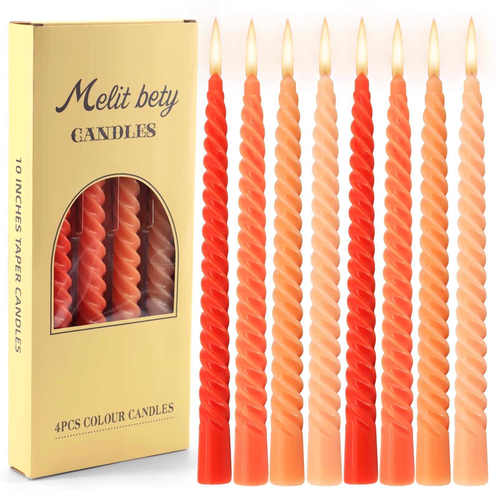 10 inch Tapered Candles,Pack of 8 Twisted Gradient Dinner Candles,Scentless and Smokeless Colored Candles for Birthdays, Weddings, Parties(Orange).