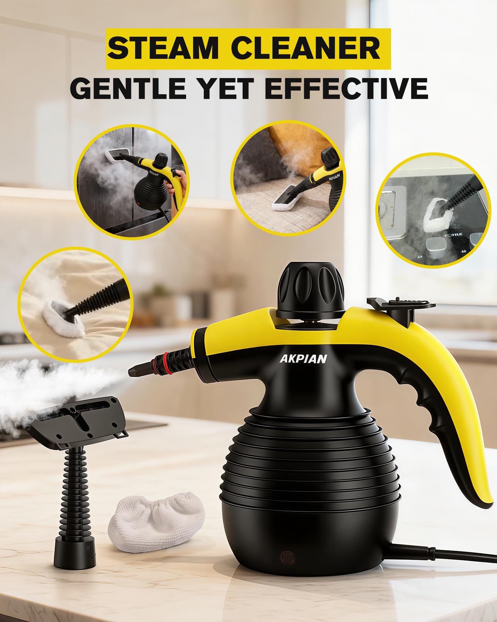 Limpiador de vapor de mano para limpieza del hogar con 10 accesorios | Vapor de alta temperatura de 105 °C | Bloqueo de seguridad | Hornos, microondas, sofás, ventanas y lechada