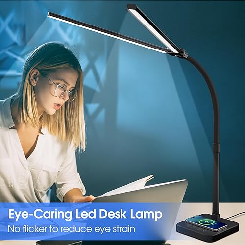 Miniatura 5 de ShineTech LED Desk Lamp for Home Office, 24W Double Head Desk Light with Wireless Charging, USB Port, Adjustable Lamps, 5000K Daylight White