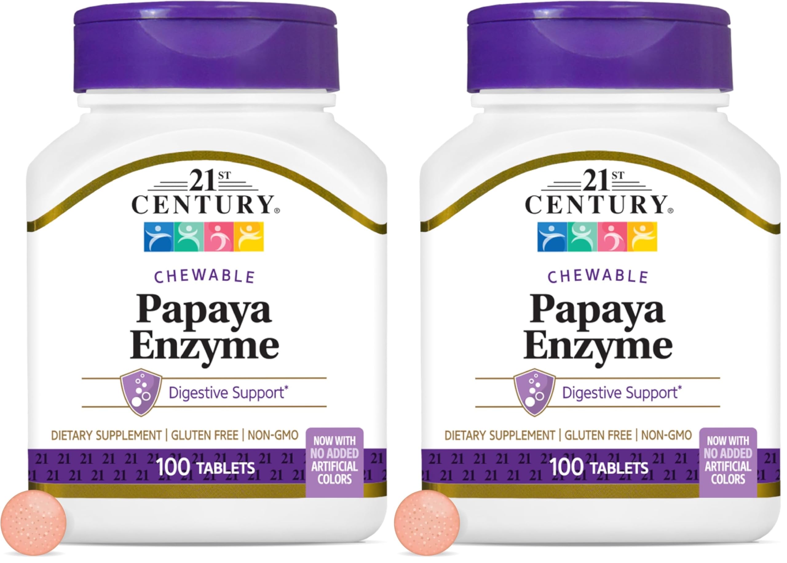 21st Century Papaya Enzyme Chewable (100 Count), Papaya & Pineapple Digestive Enzymes for Gut Health, Tropical Flavor, Non-GMO, Gluten-Free, No Added Salt, Artificial Flavors (Pack of 2) 100 Count (Pack of 2)