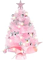 Siebwin Rózsaszín Mini Karácsonyfa 60 cm - LED Világítással, Csillag Csúcsdísszel és Dekorációkkal - Műfenyő Íróasztalra, Irodába, Otthonra 1