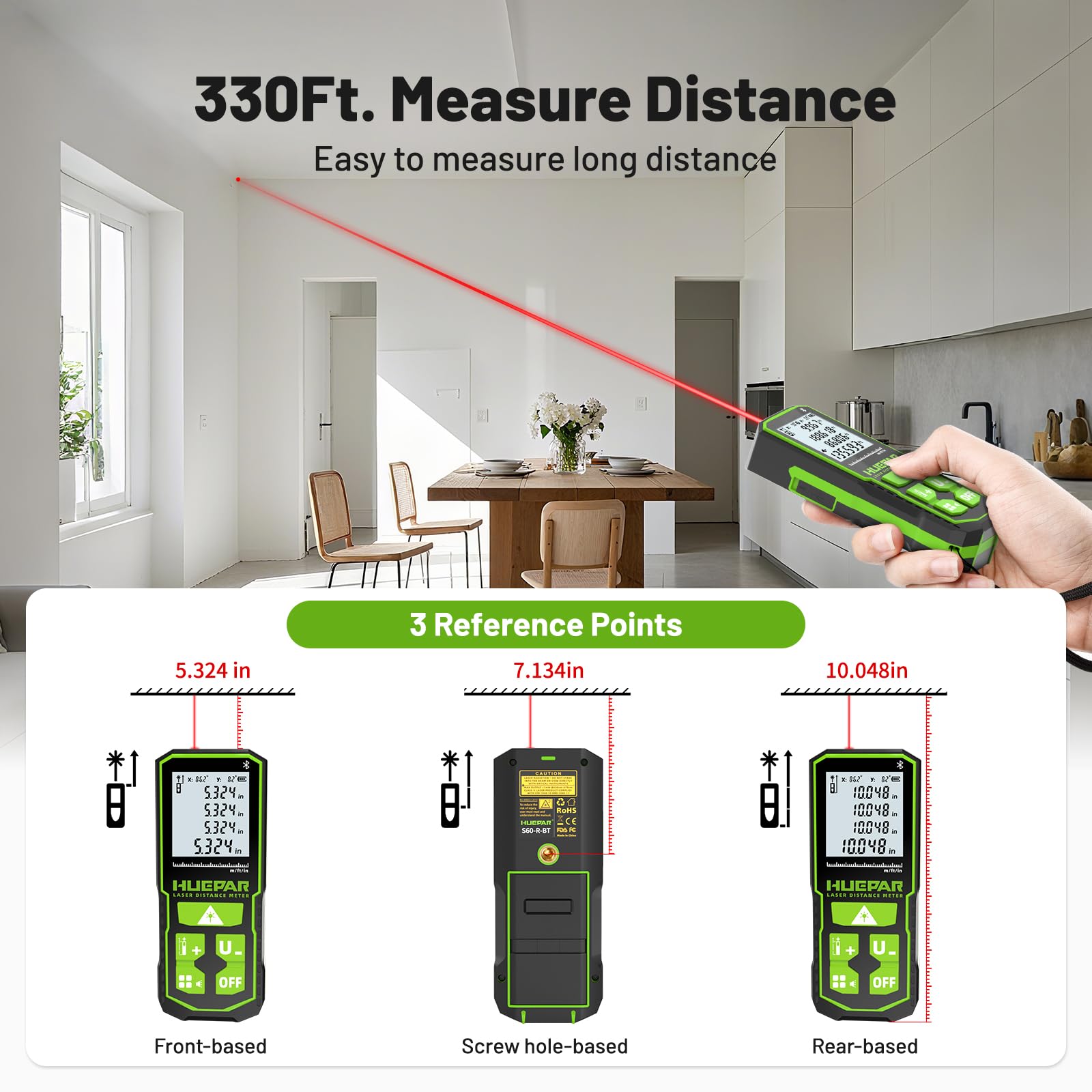 Huepar 330Ft Laser Measuring Tool with APP, 5 Years Warranty, Rechargeable Bluetooth Distance Meter, 1/16in Accuracy, Angle Sensor, Multiple Modes, IP54, Home&Construction, Fathers Days Dad Gifts — Amazon image 6