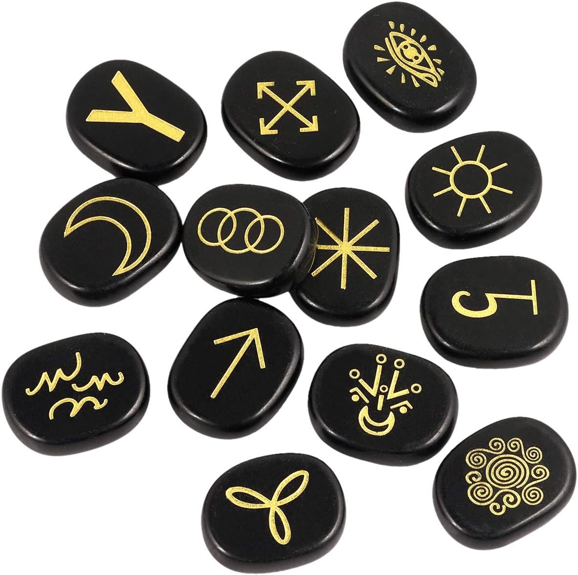 Rockcloud Healing Crystal Black Obsidian Gypsy Symbol Witches Rune Set Chakra Stones Palm Stone Reiki Balancing, 13 Pcs