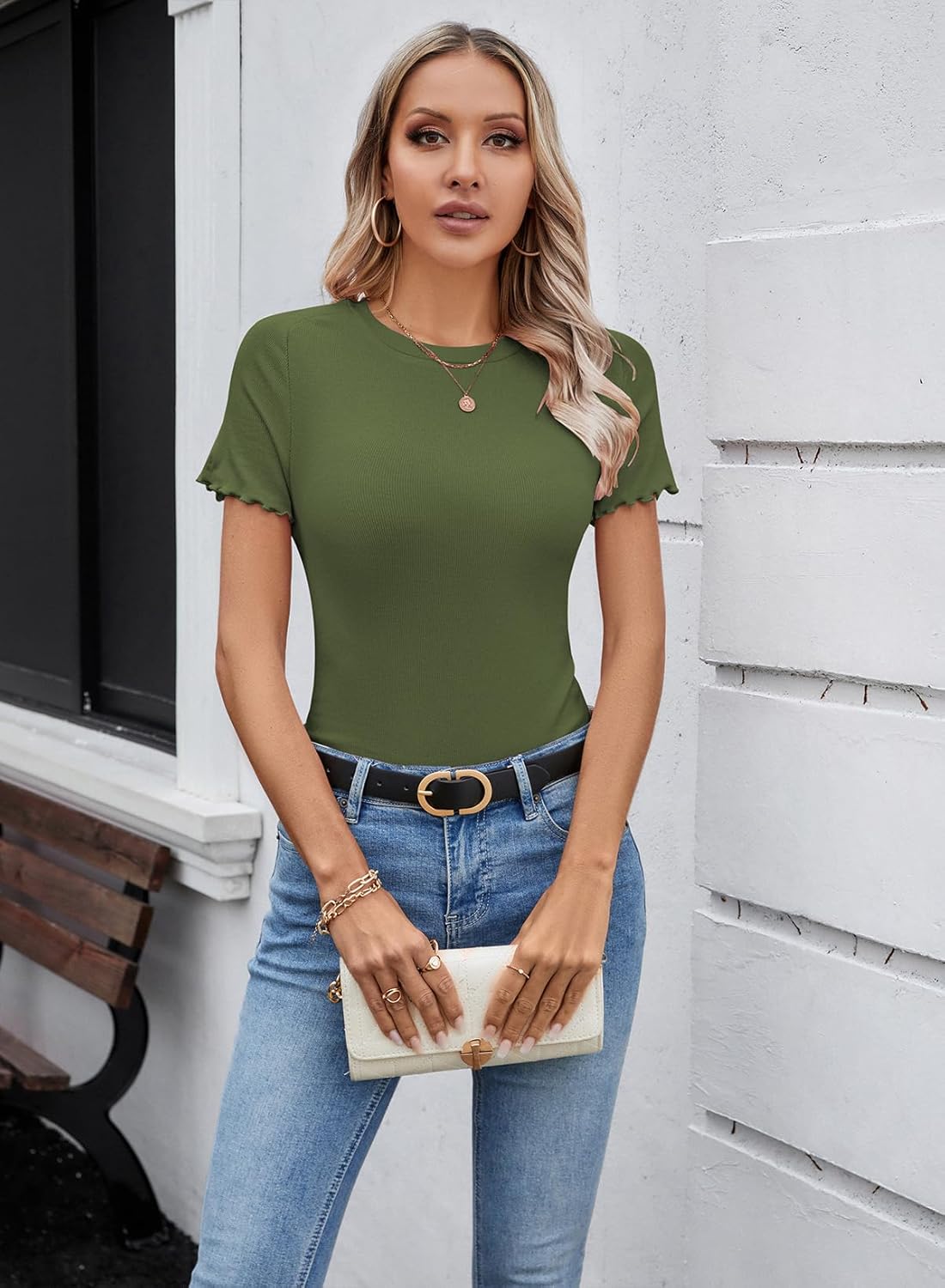 LOLONG Womens Short Sleeve Crew Neck T Shirts Summer Ribbed Knit Fitted Casual Basic Tees Lettuce Trim Tops - Image 2