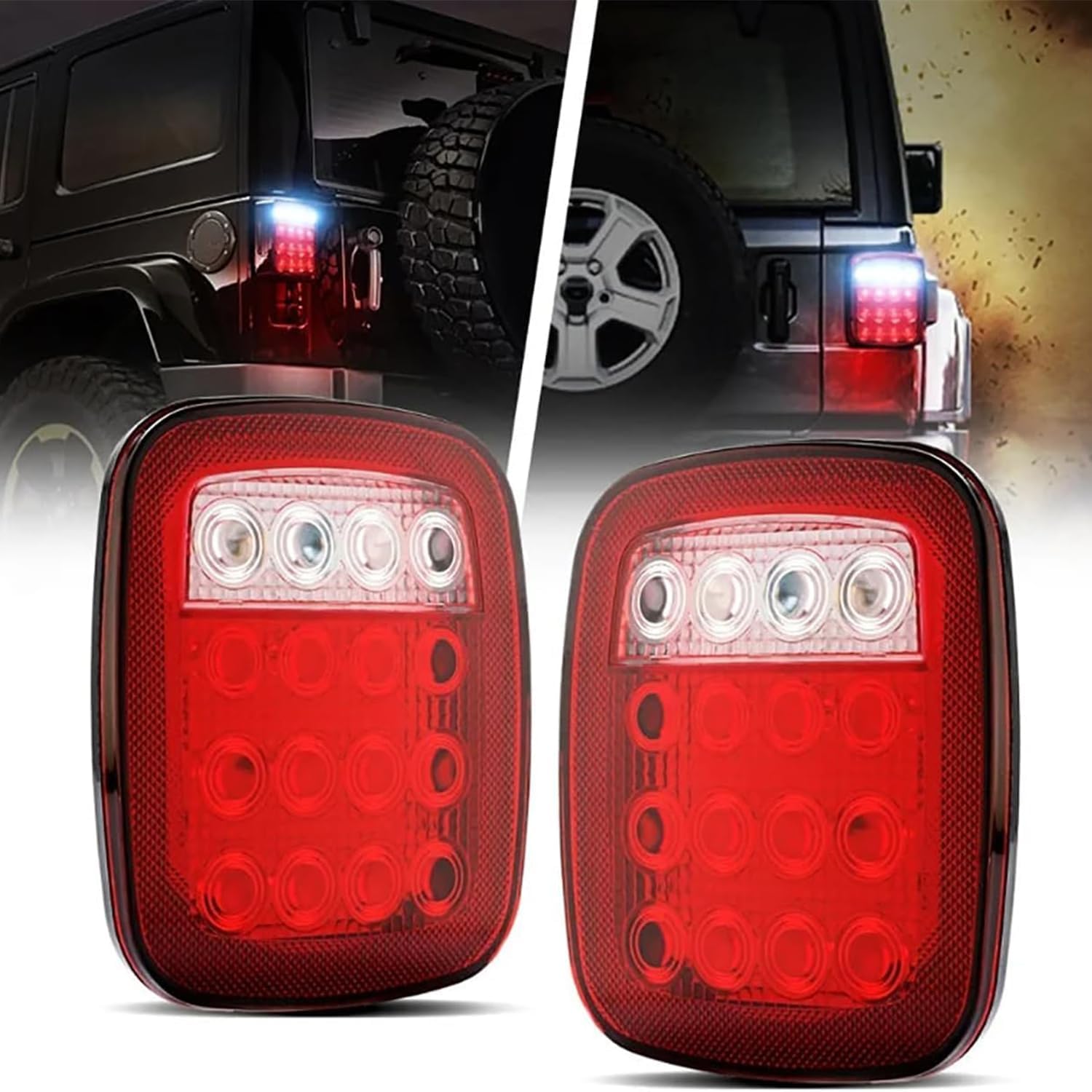 16 LED Stop Tail Light Turn Signal Spare Reverse Brake Clearance Marker Light Red/White Replacement for Jeep YJ JK CJ Truck Trailer Waterproof 12V One Pair (Red Lens)