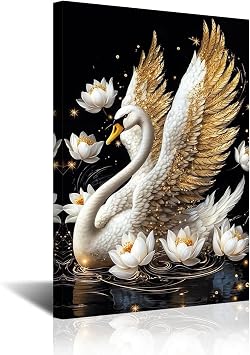 CXHOSTENT Swan Canvas Wall Art Framed White Swan Golden Lotus Flowers Painting Gold Feather Pictures Prints Modern Artwork for Living Room Bedroom Decor Gold, 18L x 12W