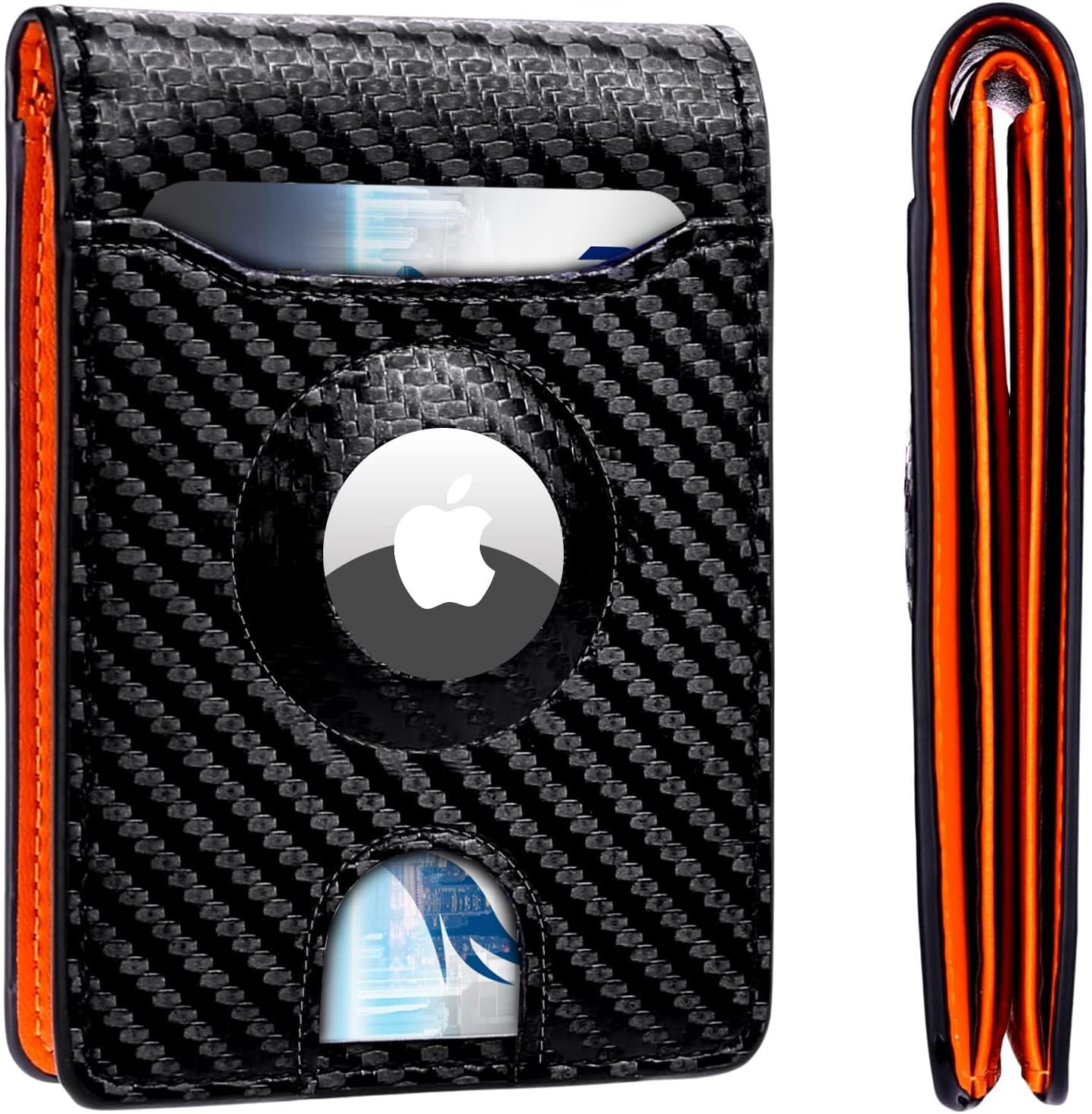 Slim AirTag Wallet For Men, Double-fold Thin Front Pockets., Carbon Fiber Leather RFID Blocking Wallet, Minimalist with Money Clip Man Gift, Black