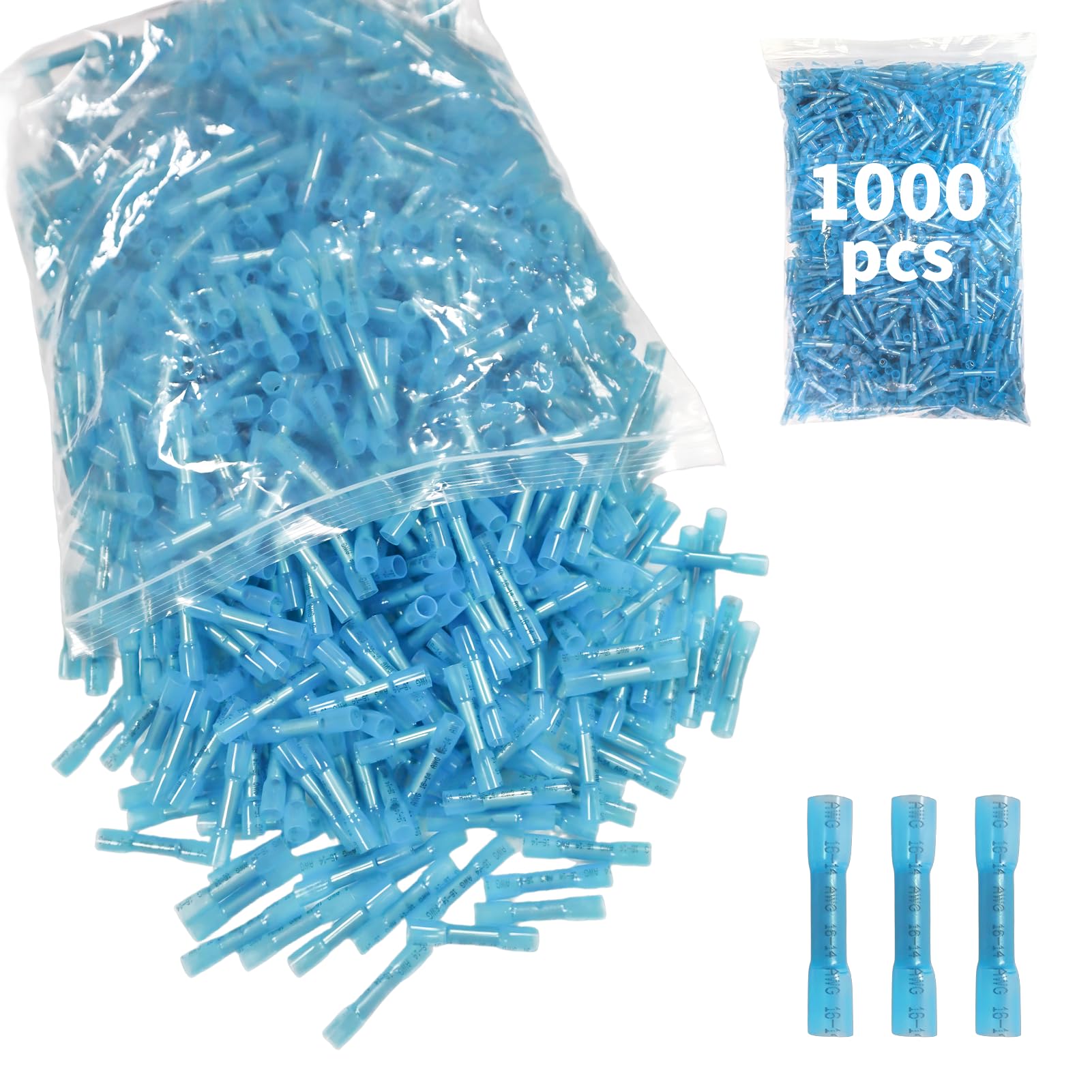 Schrumpf-Stoßverbinder, 1000 Stück, 16–14 AWG, blau, wasserdicht, elektrische Schrumpfdrahtverbinder, ideal für Marine-, Motorrad-, Kabel- und Automobilanwendungen, isolierte Stoßverbinder