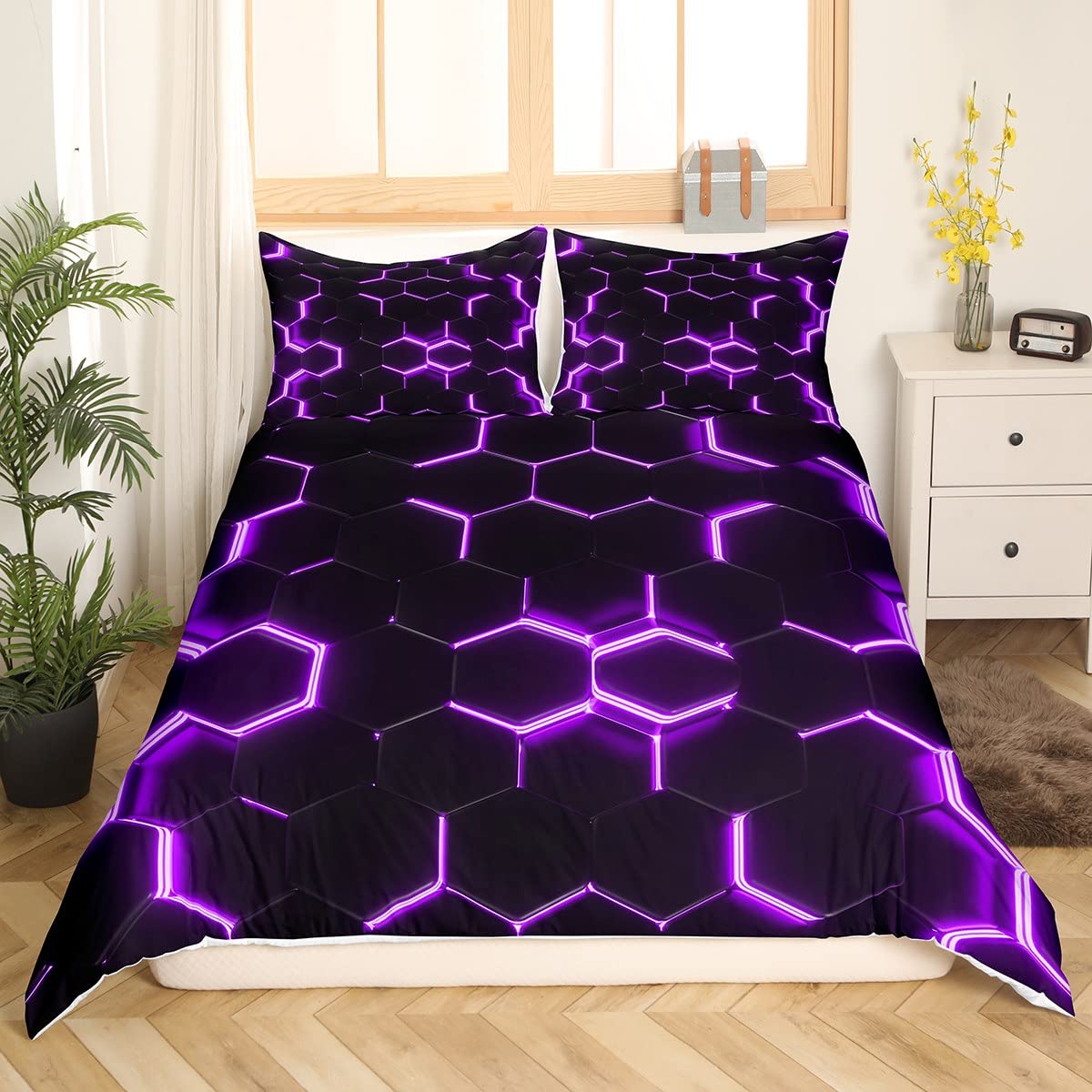 Boys Honeycomb Bedding Set for Kids Men Girls Modern Hexagon Theme Comforter Cover Purple Neon Decor Duvet Grid Art Bedspread Bedroom Collection 3Pcs Super King - Image 4
