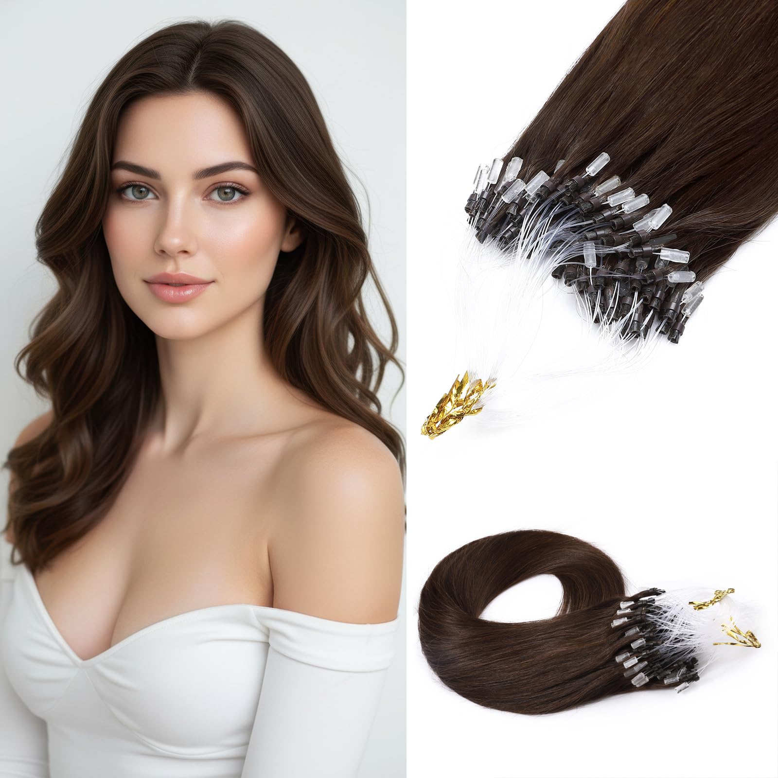 MY-LADY Microring Extensions Echthaar Schokoladenbraun, Extensions Echthaar Microring Invisible Natürlich Micro Loop Hair Extension Glatt Balayage 50g 1g/s 55cm (#04)