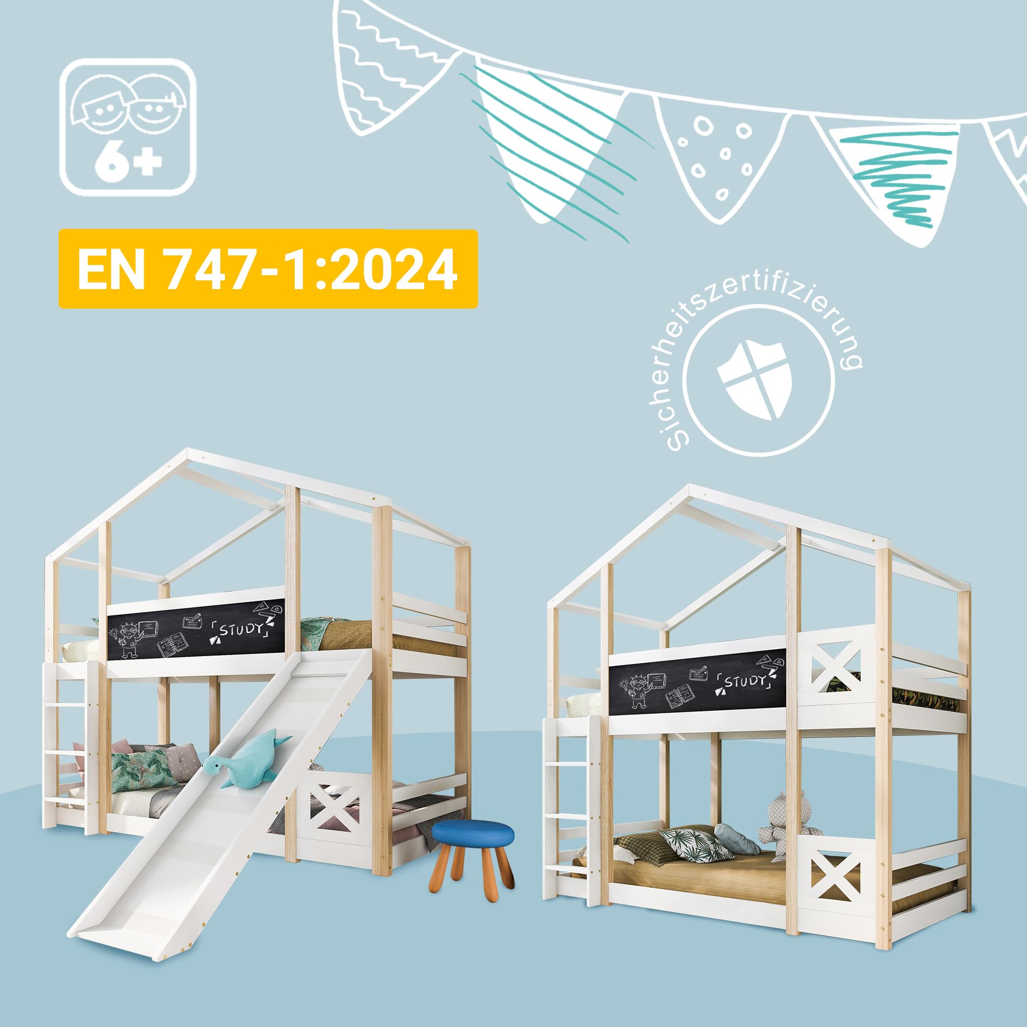 HESHU Kinderbett Etagenbett 90x200 cm, Hausbett mit Rutsche und Tafel, Hochbett für 2 Kinder, Funktionsbett Stockbett mit Lattenrost, Weiß+Natur, ohne Matratze