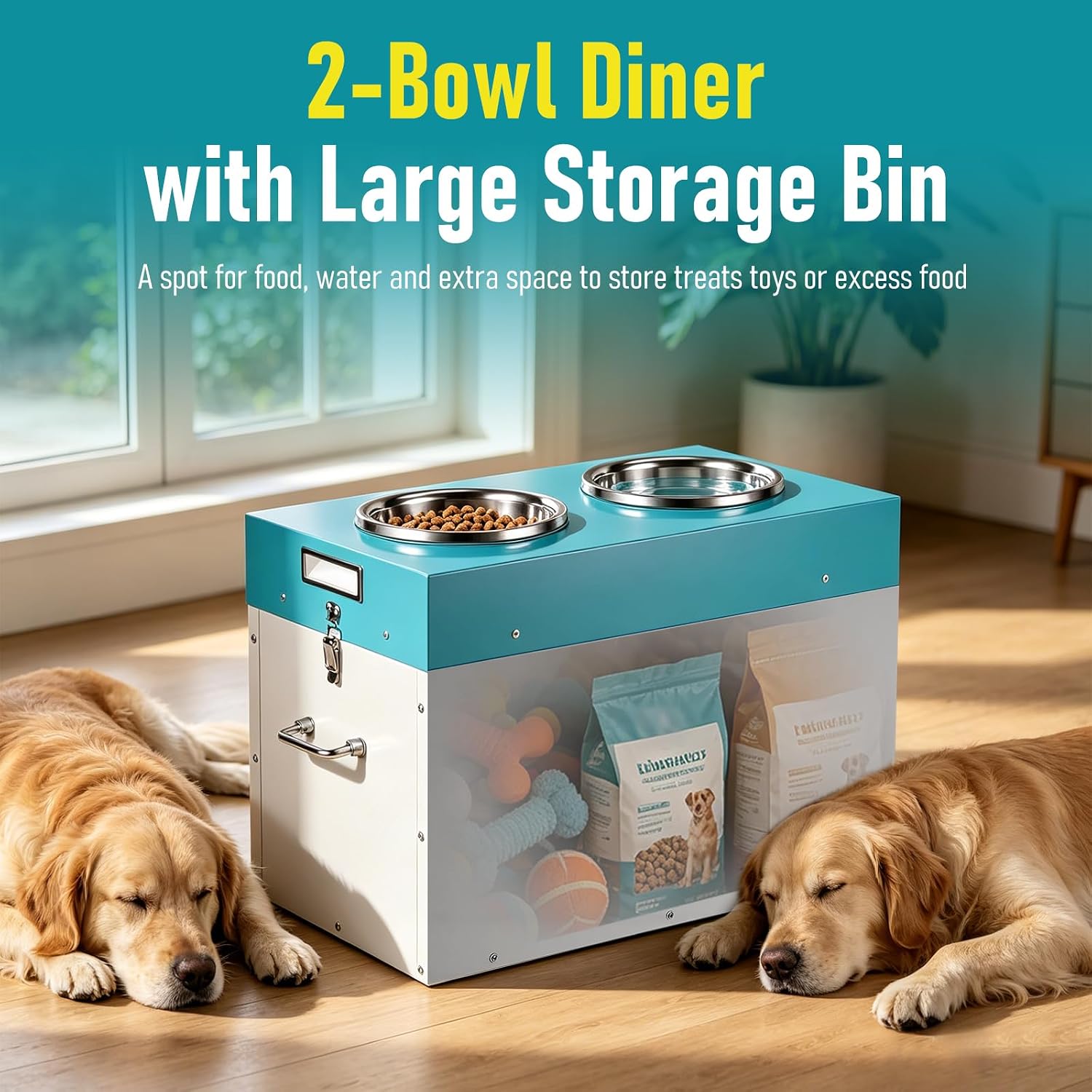Elevated Dog Bowls for Large Breed Feeding Station with Storage | Heavy Study Galvanized Steel, 15 in, with 2 Stainless Steel Bowls